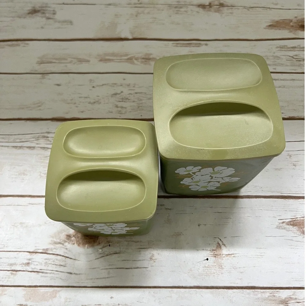 Vintage Plastic Floral Canister Set Avocado Green Retro Daisy 70s Kitchen 2pc